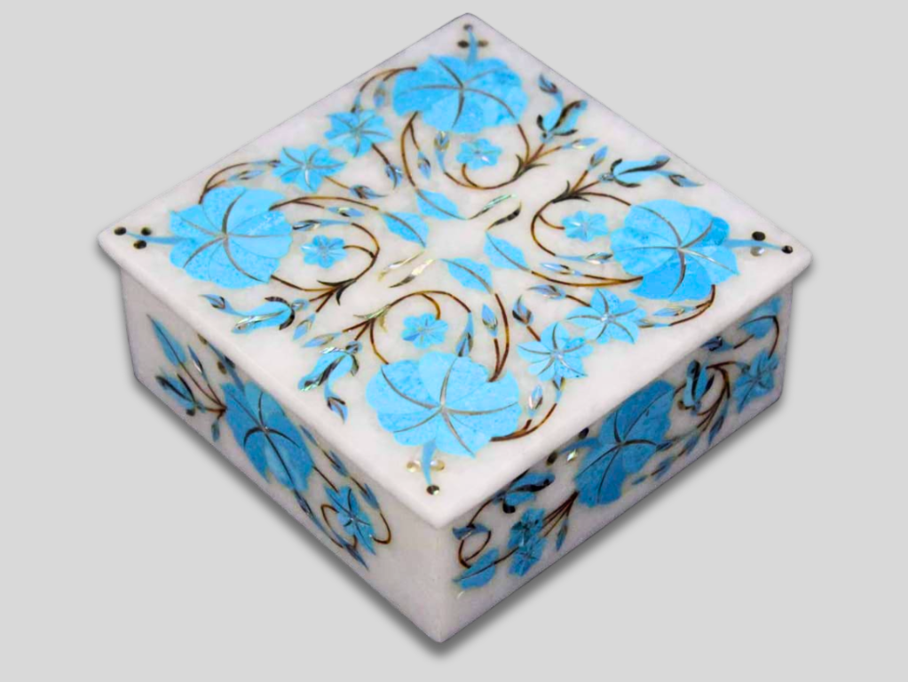 White Marble Turquoise Floral Jewelry Box